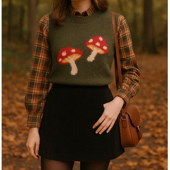 Forever 21 Green Fuzzy Mushroom Sweater Vest - Picture 3 of 8